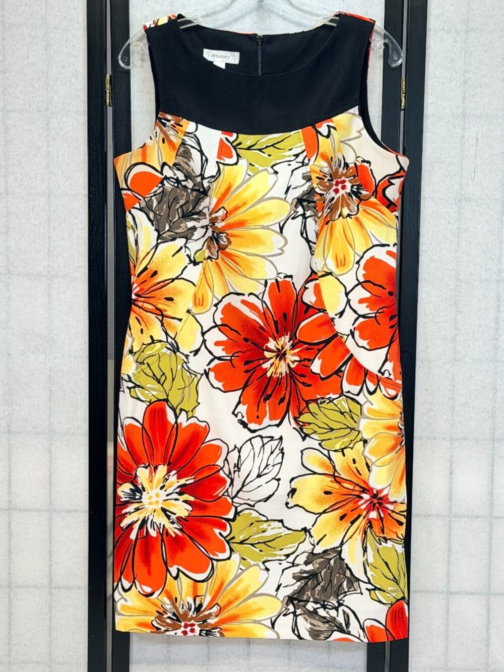 Dressbarn Sheath Dress 12 White Orange Large Floral Princess Seam Sleeveless